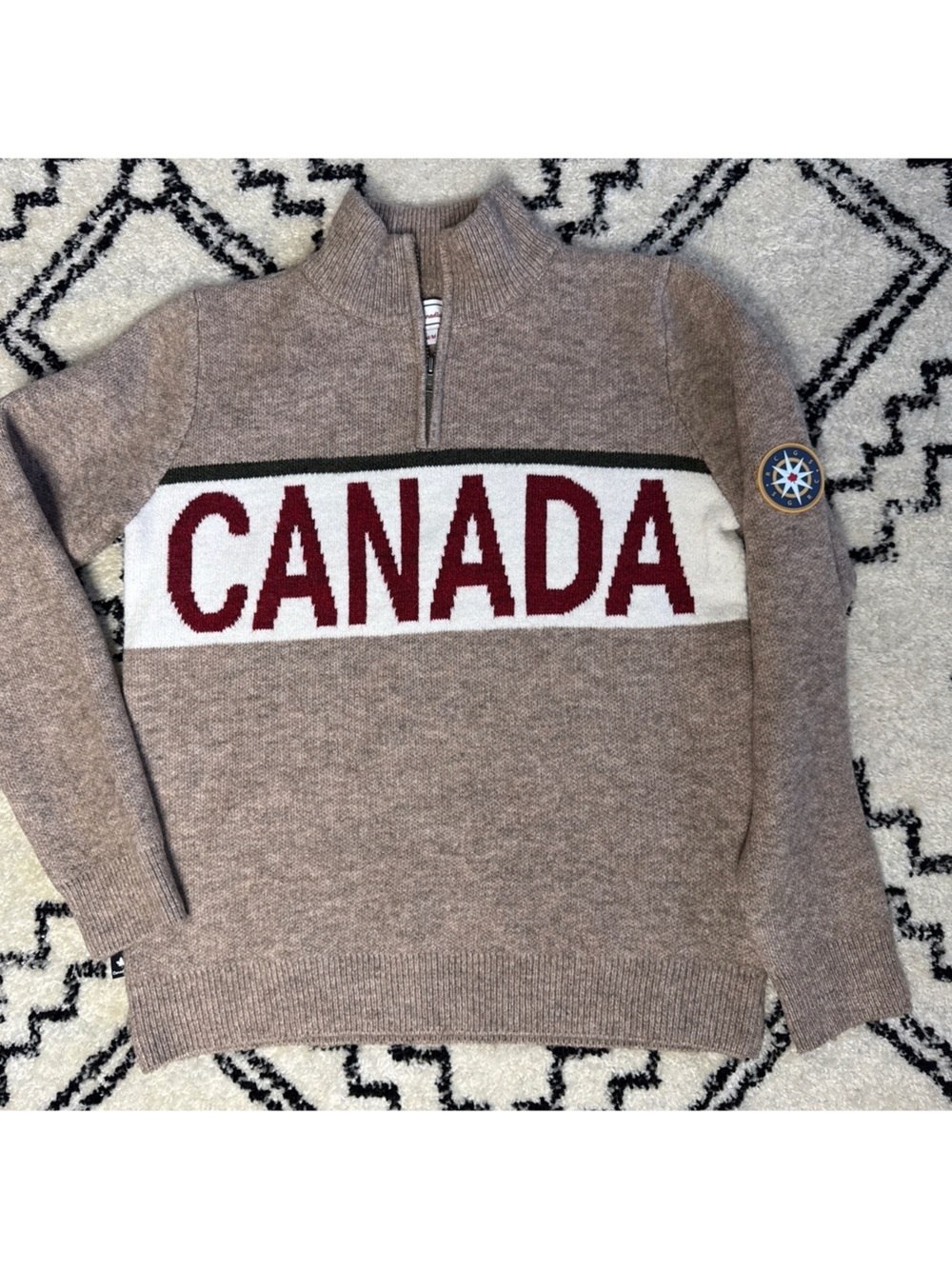 Men's Quarter Zip Canadiana Sweater in Taupe with Red Lettering Size Medium